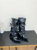 European and American style metal buckle pointed head wedge heel thin trouser tube boots