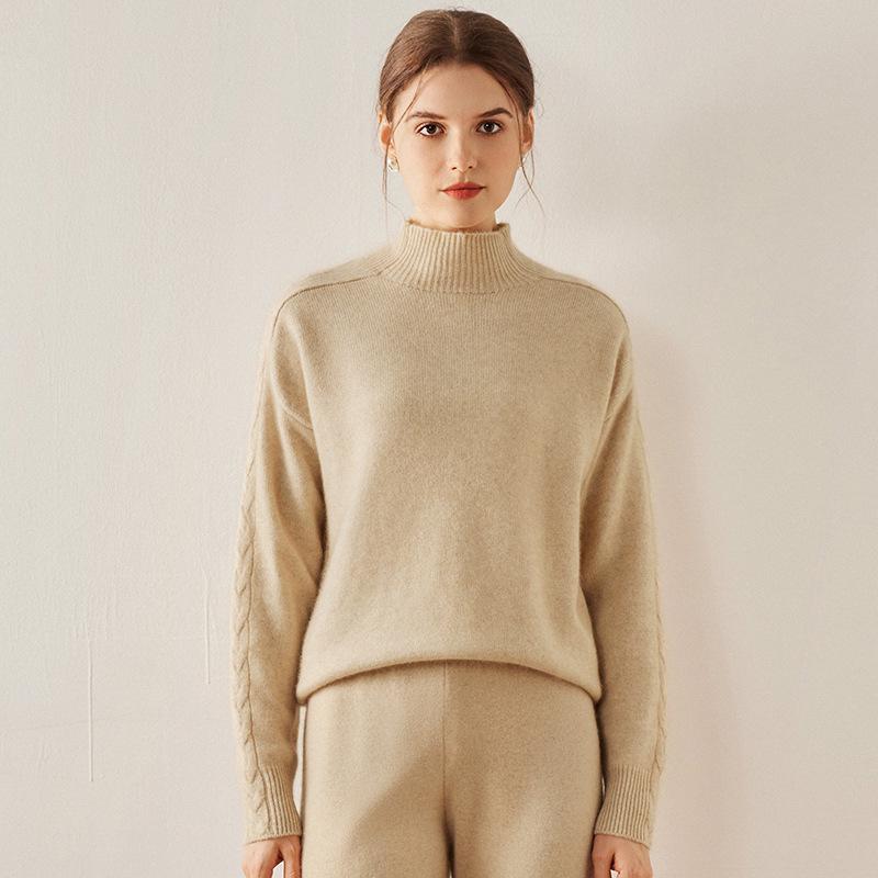 Women's Cable Knit Cashmere Sweater - Long Sleeve, Half-High Neck, Saddle Shoulder, Loose Fit, Solid Color, Autumn/Winter Pullover.