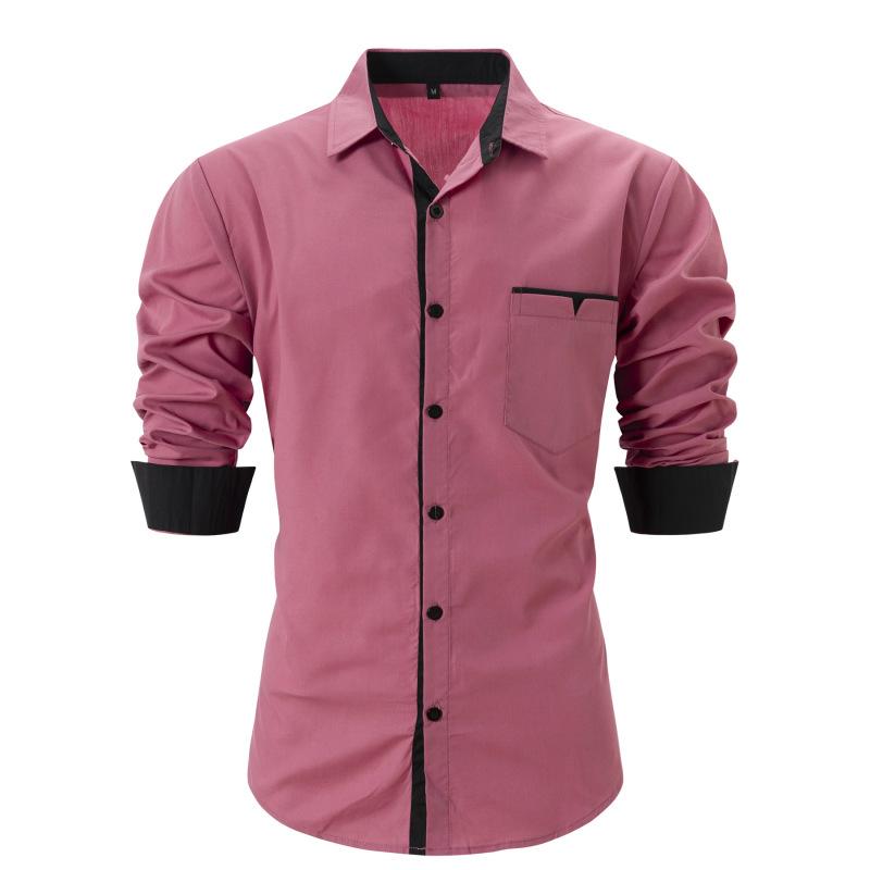 Men's Chest Pocket Long Sleeve Business Shirt Stand-up Collar Casual Color Block Long Sleeve Shirt