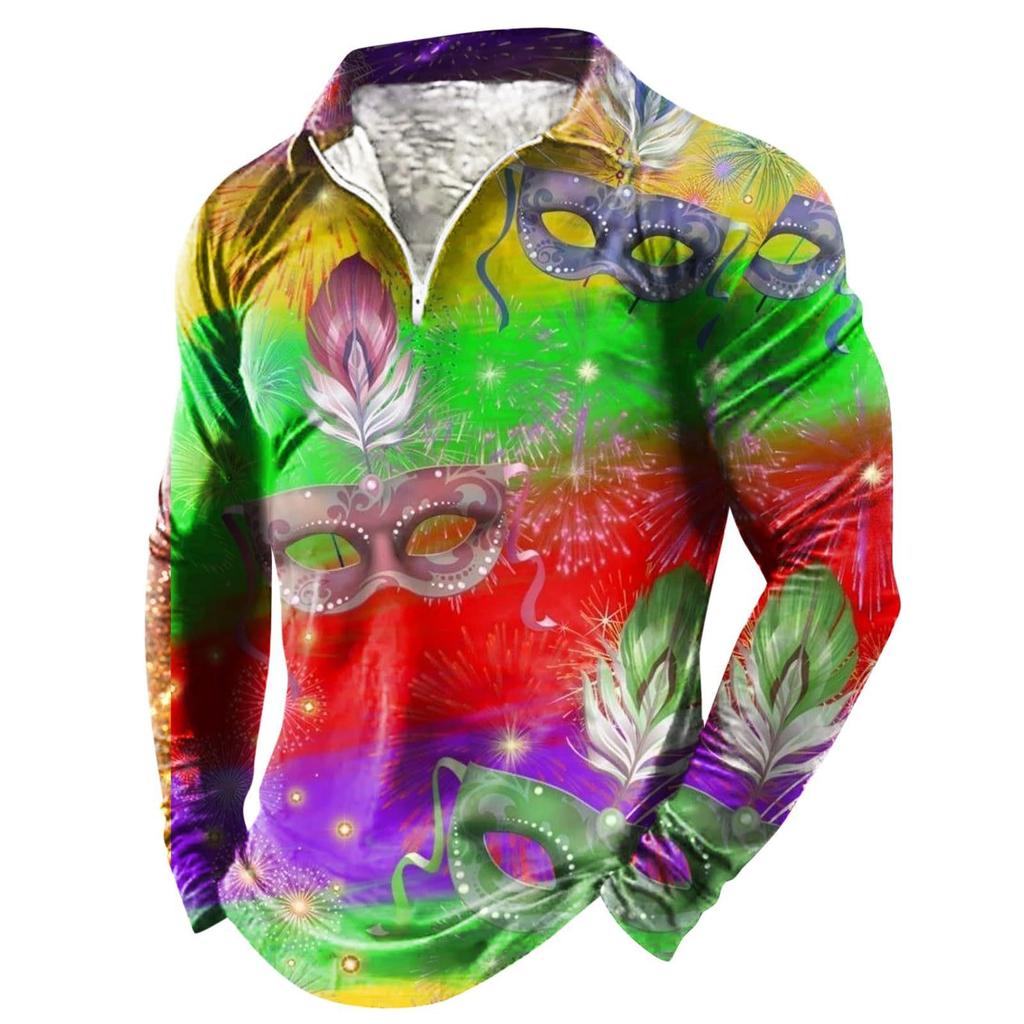 Mardi Gras Themed Long Sleeve Polo Shirt, Unique Carnival Mask Pattern