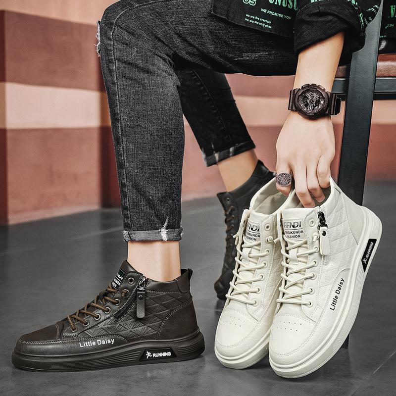 Men'S Shoes Autumn Leather Surface High-Top Board Shoes Lace-Free Zipper Fashionable Comfortable Breathable Men'S Shoes