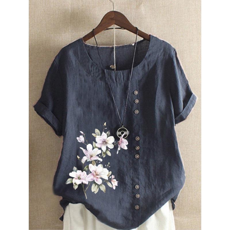 Autumn Vintage Cotton and Linen Printed Loose Casual Shirt with Short Sleeves for Women