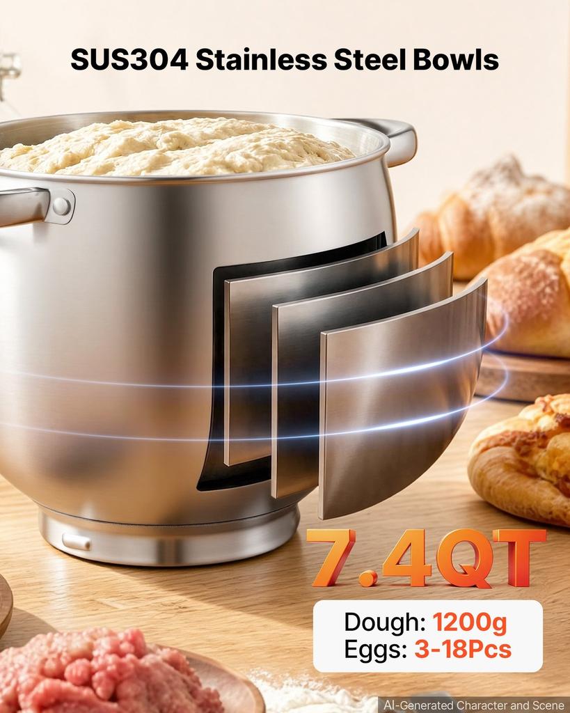 7L 2-in-1 Tilt Head Stand Mixer 1000W Electric Dough Mixer, Multifunctional Food Kitchen Mixer with Stainless Steel Bowl, Meat Grinder Attachment,