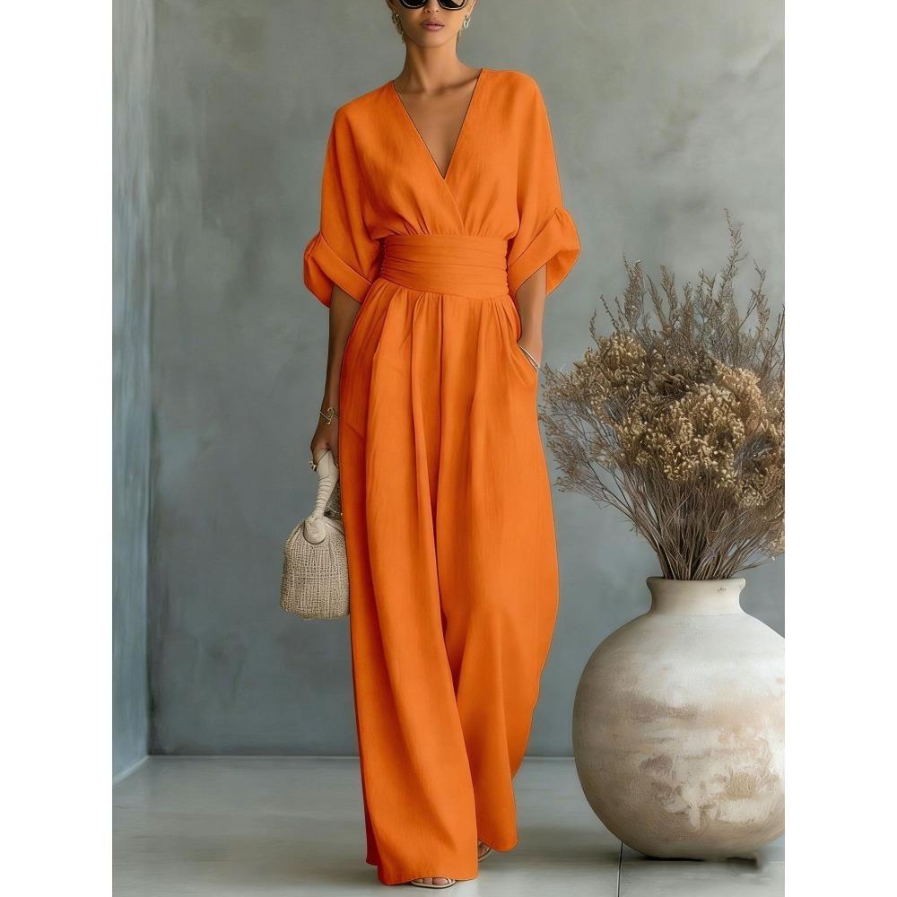 Women Spring Summer New V-neck Waist Slim Elegant Jumpsuit