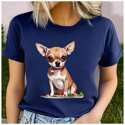 Cotton  Cute Chihuahua On Plate Graphic Women Navy T Shirt Dog Lover Summer Short Sleeve Casual Tee Tops