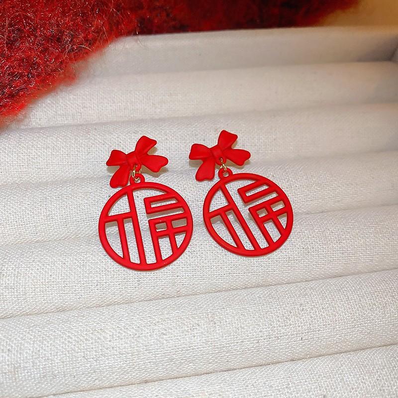 New Year's red flower flocking stud earrings women's niche earrings versatile earrings autumn and winter