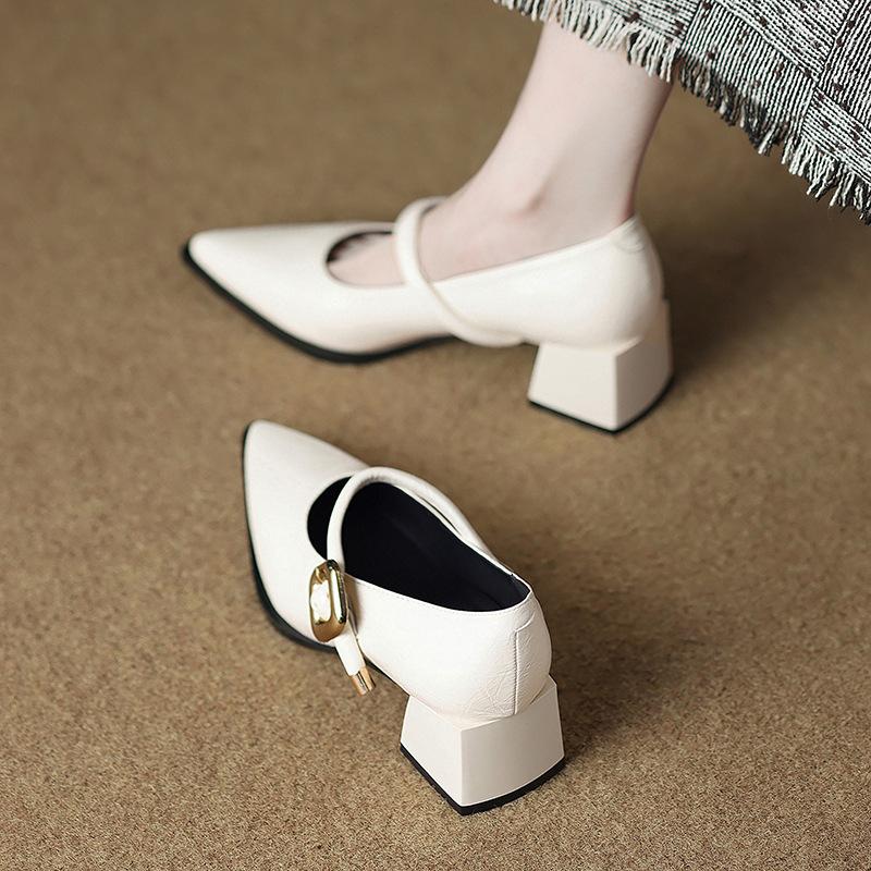 83656-1 Huidong County Daling Schuhe Mary Janes Damenschuhe Dicker Absatz Hohe Absätze Frühling Einzelne Schuhe Damen Spitz Kleine Lederschuhe