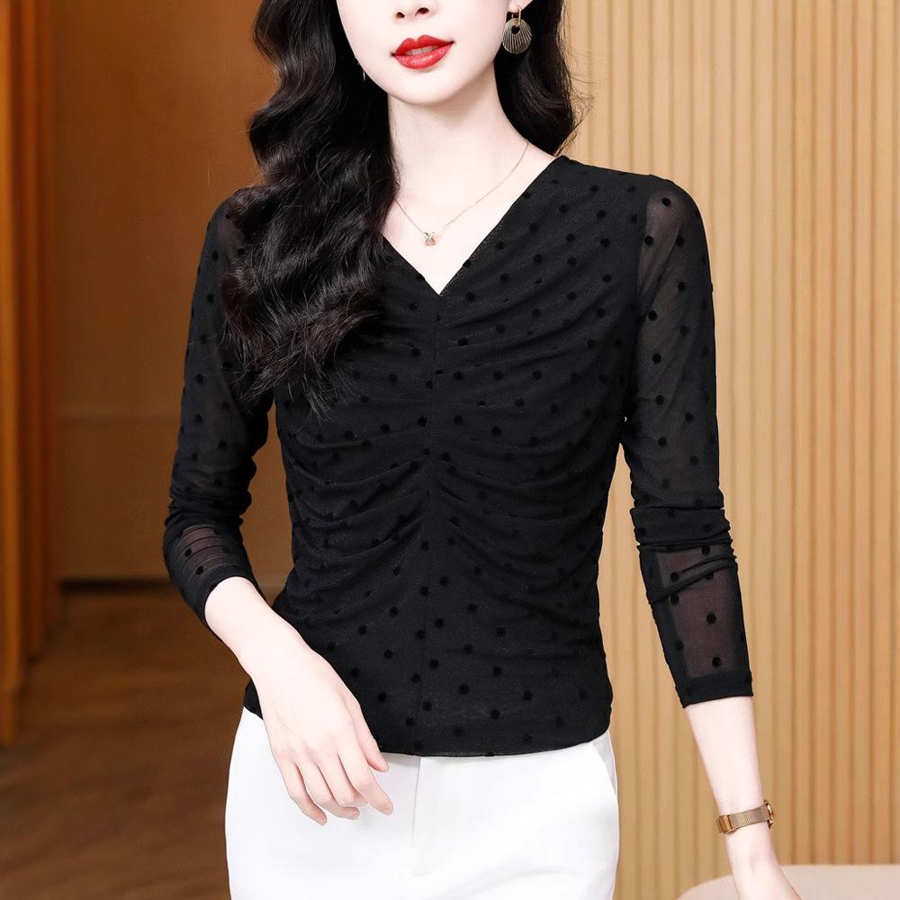 Primavera Nuevo Cuello en V Lunares Temperamento Plisado Slim Manga Larga Malla Camiseta Base Versátil Jersey Camiseta Top