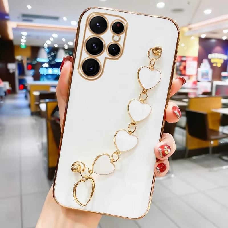 Plating Love Heart Bracelet Chain Phone Case For Samsung Galaxy S26 S2 Ultra S24 S23 FE S22 S21 S20 S10 Plus Back Cover