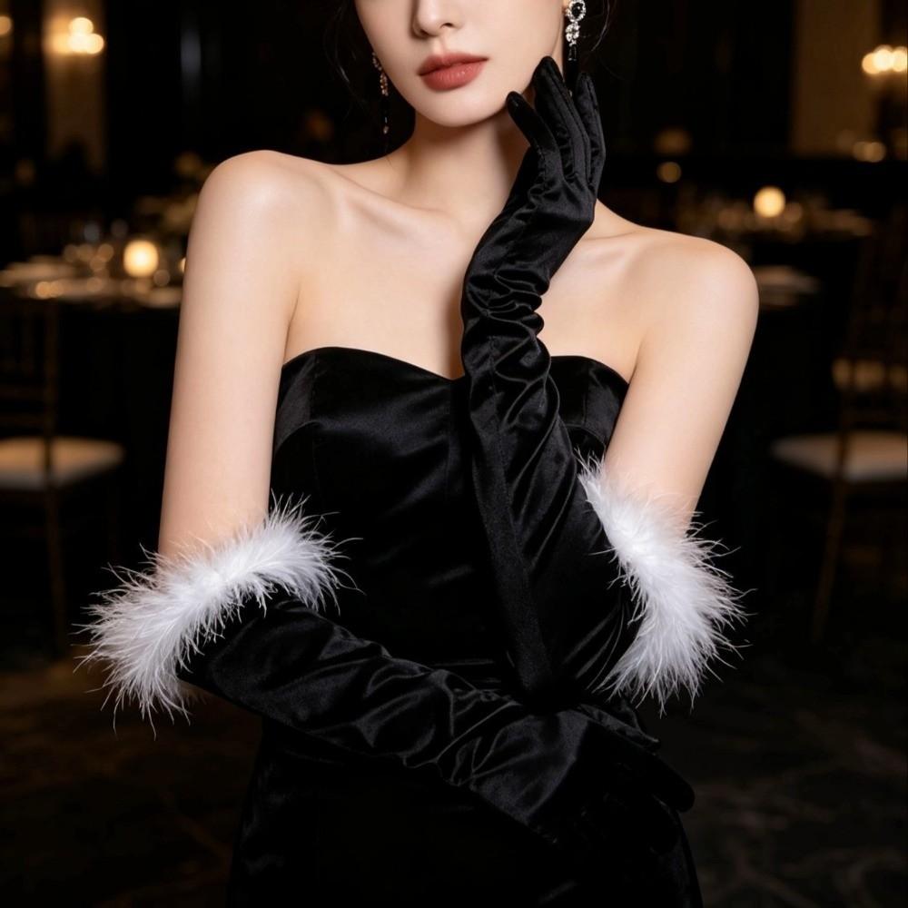 Elbow Length Satin Long Gloves Feather Trim Elbow Length Gloves Feather Trim Gloves Cosplay
