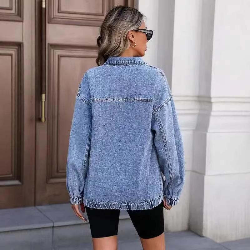 Women's Washed Loose Round Neck Denim Jacket with Zipper – 2025 Autumn European and American Fashion Style
