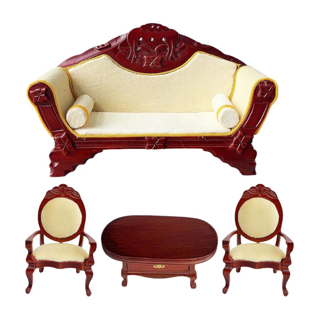 1:12 Scale Dollhouse Miniature Living Room Mahogany Sofa Armchair Coffee Table Set For Realistic Display