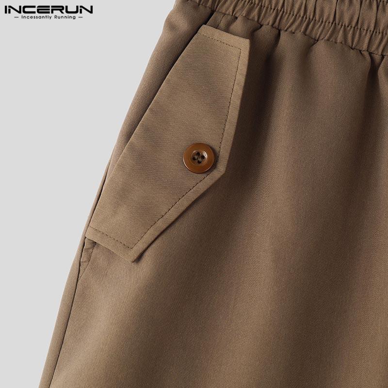 INCERUN Men Drawstring Elastic Waist Ruffled Casual Vintage Cargo Capri Pants with Pockets