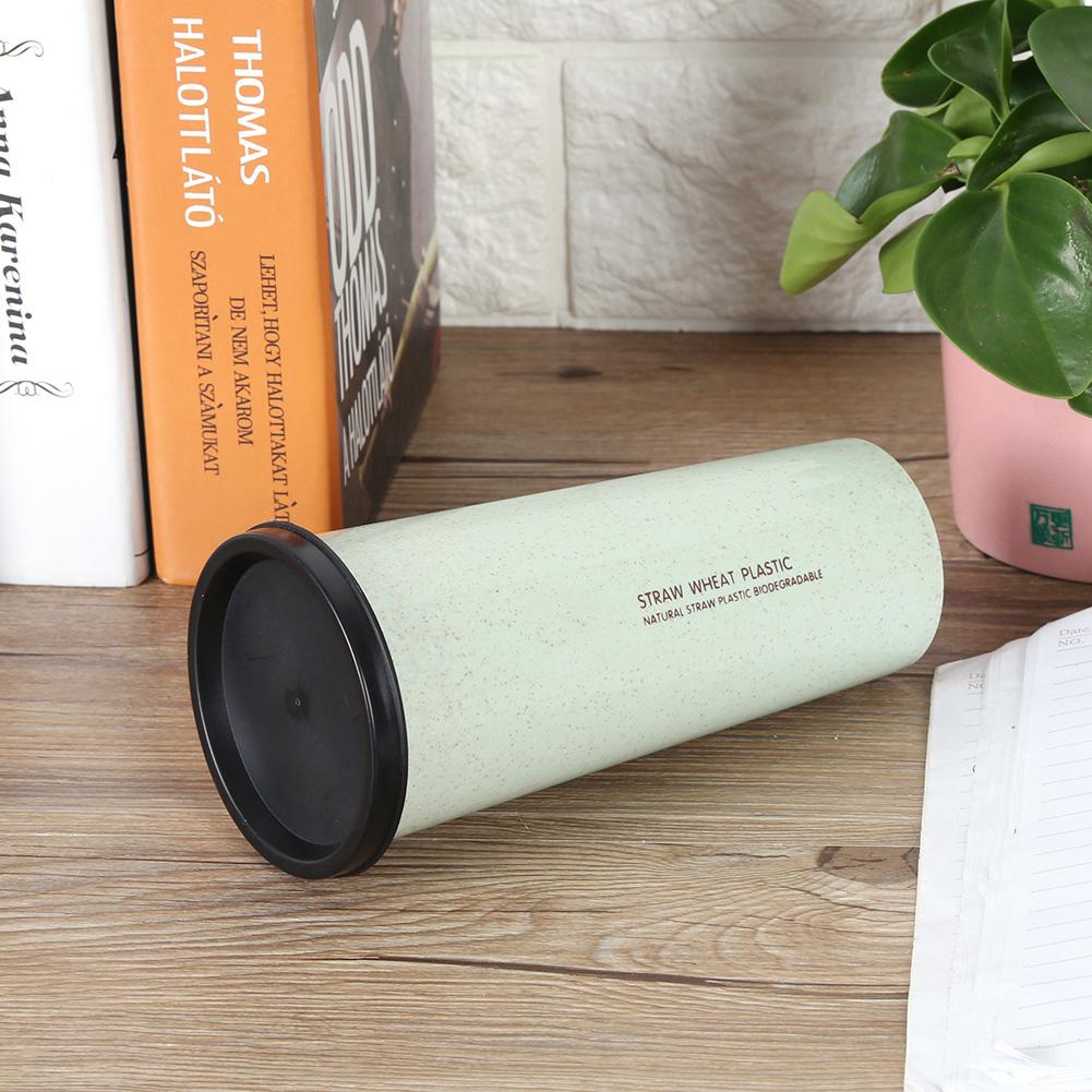 470 ml Wheat Straw Water Cup with Straw Multi Functional Double Lid   Coffee Mug Pink