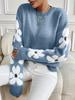 Floral Pattern Round Neck Sweater, Cute Drop Shoulder Long Sleeve Sweater for Fall & Winter, Women's Clothing