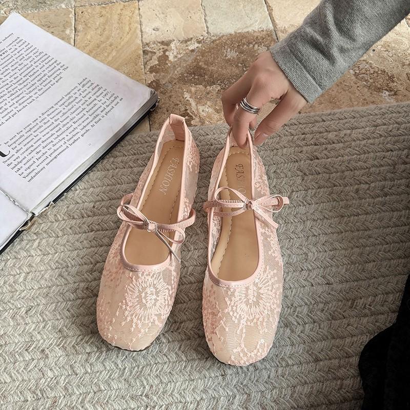 Gentle evening breeze bow ballet shoes girl 2025 new fairy hollow mesh lace embroidered shoes single shoes