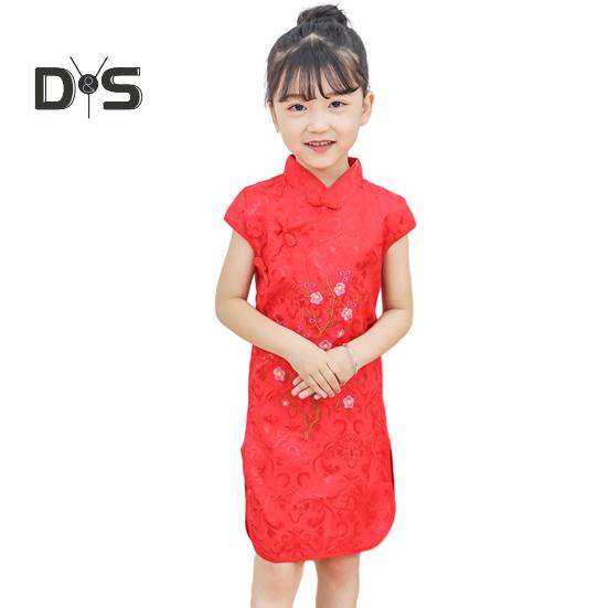 

Cheongsam для девочек, стильный вышитый цветок сливы, мягкий удобный материал из смеси хлопка, детский Cheongsam 120cm красный