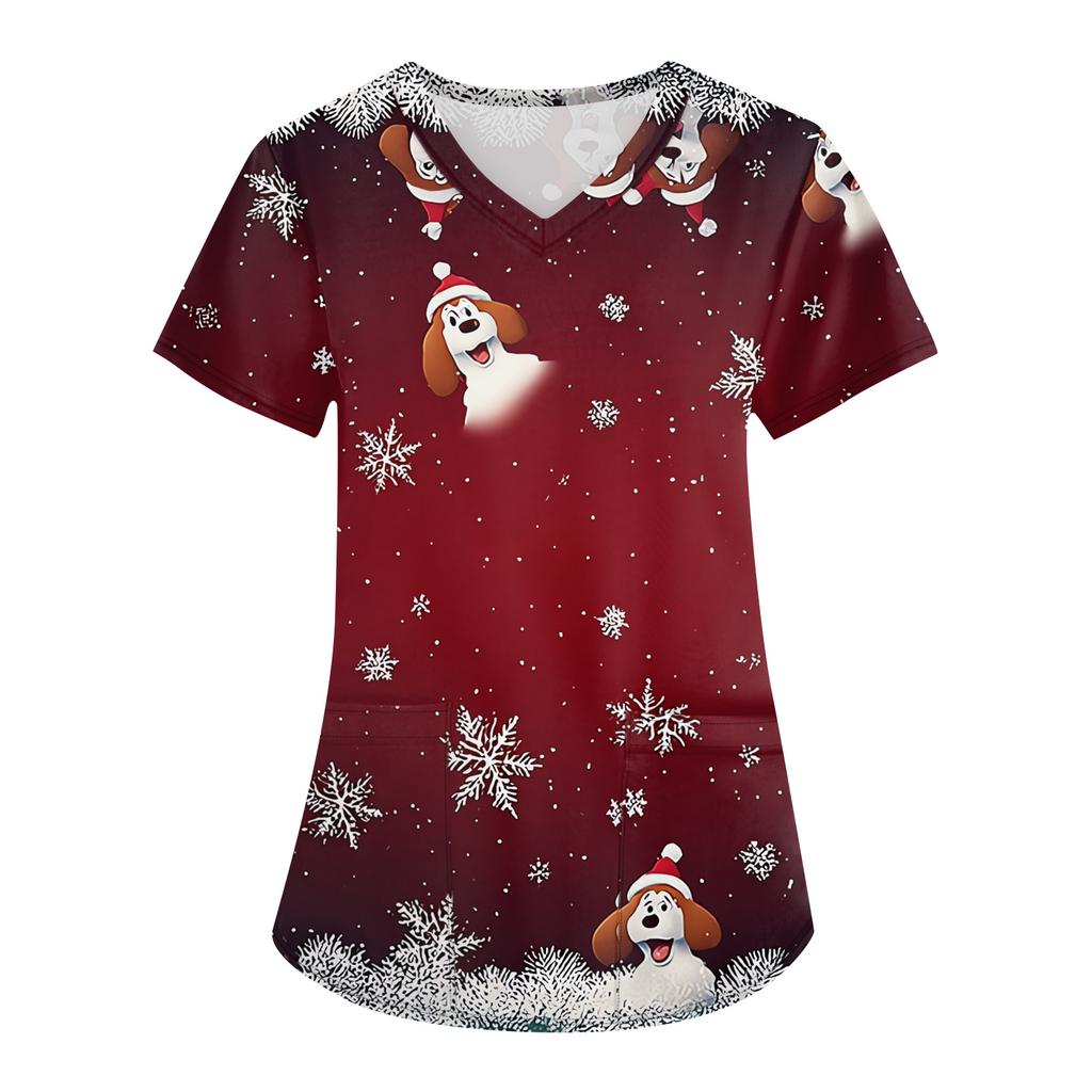 Dámské módní pracovní oděvy s krátkým rukávem a výstřihem do V s kapsami Vánoční topy s potiskem