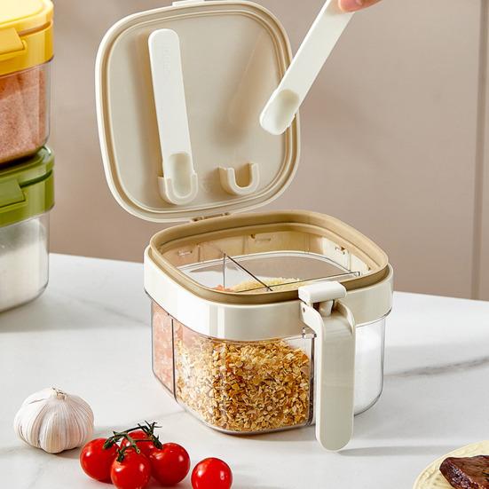 Multi-Compartment Spice Organizer with Spoon Clear Lid Stackable Seasoning Container for Salt Sugar Pepper BPA-Free Space-Saving Kitchen Storage for