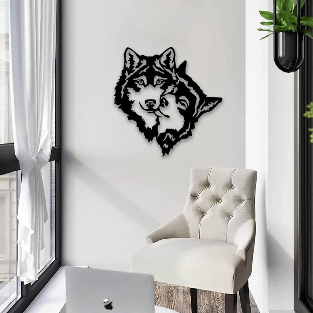 AMNGYOOK Metal Wolf Wall Art, Cute Animal Silhouette Sculpture Iron Animal Art Wall Hanging For Living Room Bedroom Kitchen Decor (Wolf Head)