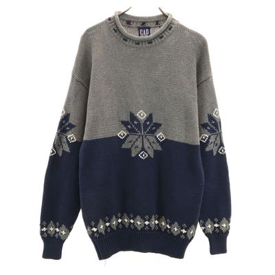 90er Jahre Altes nordisches Muster Langarmpullover L grau Strick Herren Gebraucht