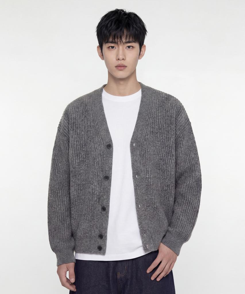 AGOD Hairy Ribbed Knit Cardigan [Heather Grey]