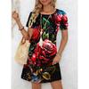 Ladies' Summer Short Sleeve Round Neck Casual Dress 3D Red Rose Pattern Print Comfortable Elegant Women's Clothing