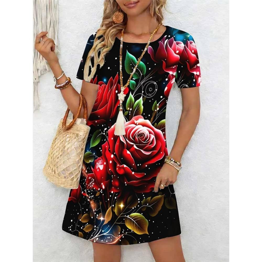 Ladies' Summer Short Sleeve Round Neck Casual Dress 3D Red Rose Pattern Print Comfortable Elegant Women's Clothing