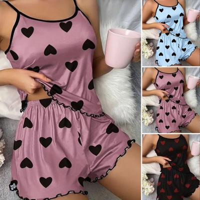 Damski Zestaw Piżamowy Cami Bez Rękawów Top Tank z Nadrukiem Serca i Szorty z Falbanką Zestaw do Spania Letni Dwuczęściowy Kombinezon Loungewear