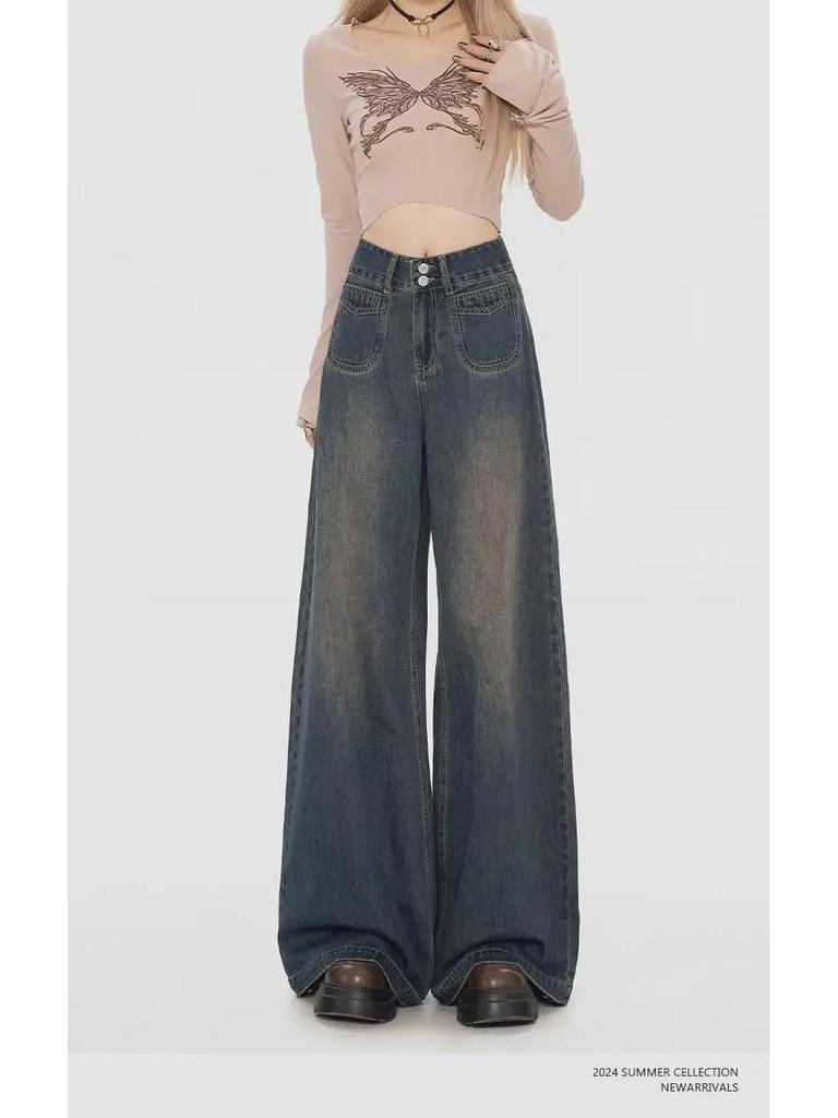 Retro Graue High-Waist Wide-Leg Jeans für Damen - Herbst 2024 Kollektion