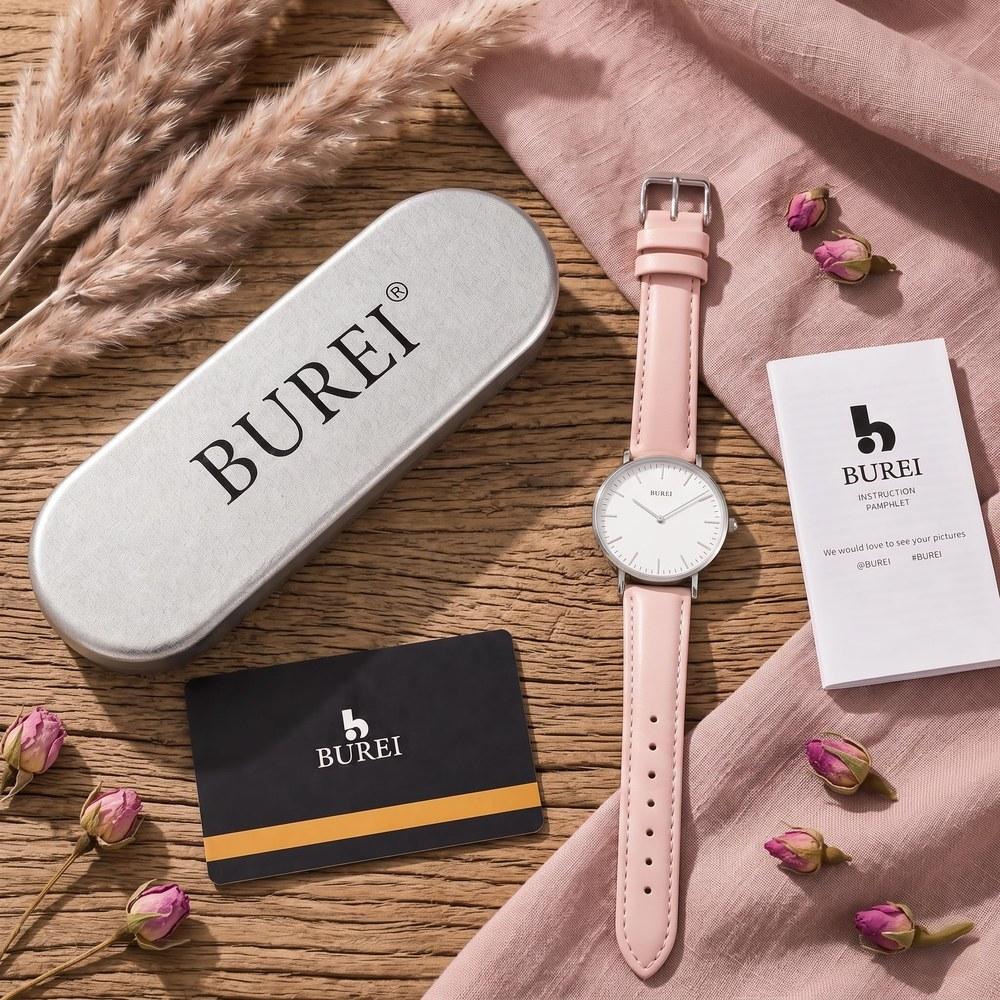 BUREI Ladies Quartz Wristwatch Waterproof Pink Leather Band Stylish Casual Thin Lightweight Japan Made