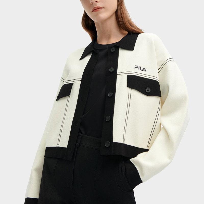 Fila Color Block Polo Neck Loose Casual Knitted Jacket Women Jackets Jade-White F11W418406F-IV