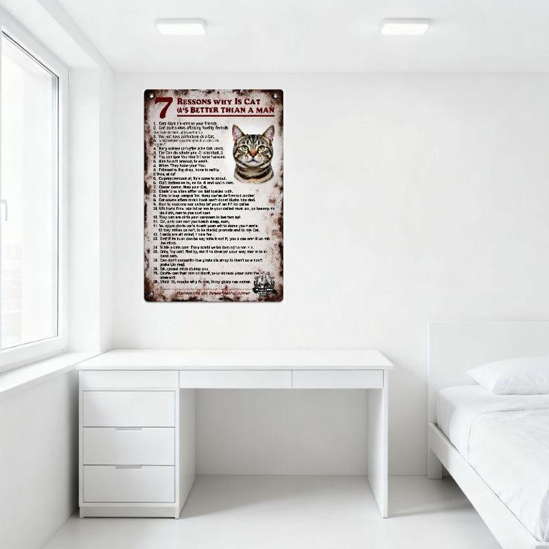 Vintage Humorous '7 Reasons Why a Cat Is Better Than a Man' Metal Tin Sign with Rusty Finish, Tabby Cat Illustration - Home Bar