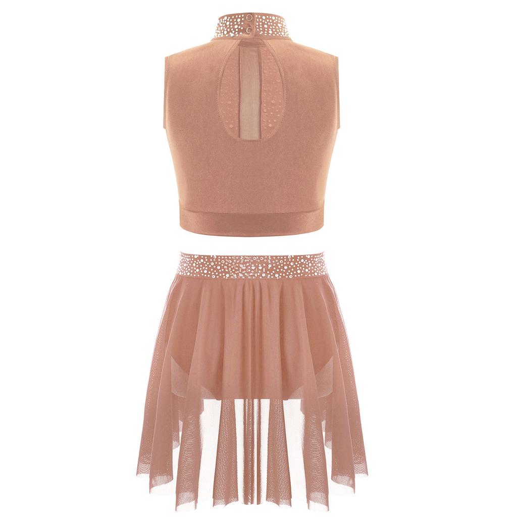Dívčí taneční vystoupení outfit falešný rolák bez rukávů klíčová dírka na zádech lesklé kamínky crop top sukně