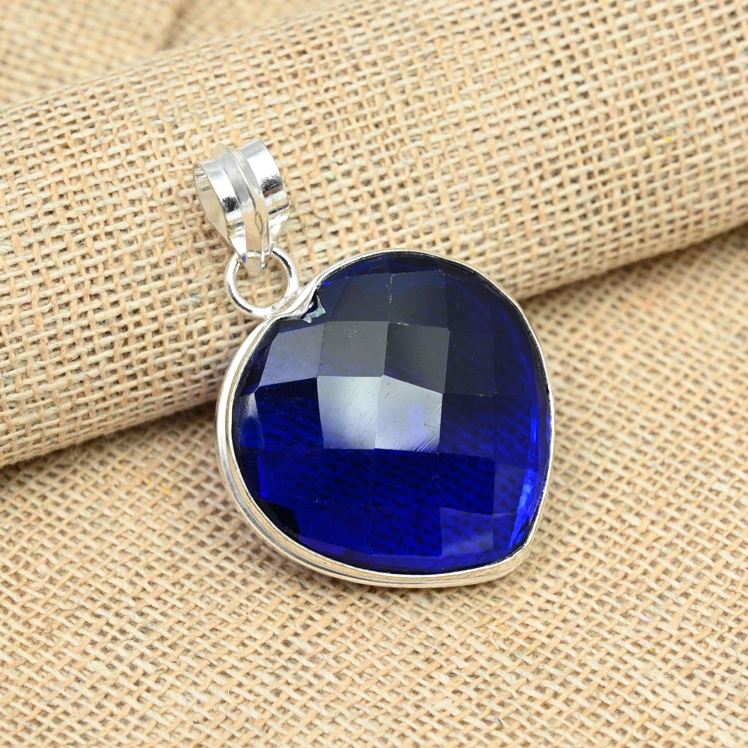 

Синий сапфир, созданный в лаборатории, драгоценный камень 925 пробы, серебряные украшения, подвеска ручной работы 1.96 Inches синий