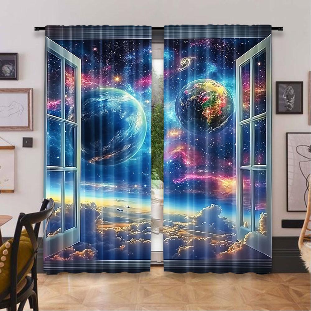 2Pcs Space Galaxy Curtains Universe Nebula Galaxies Solar Planet Suitable For Bedroom Living Room Dining Room And Bathroom