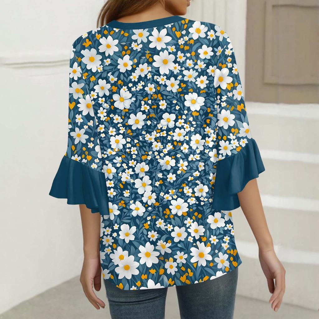 Tops For Women Cute Button V Neck 3/4 Sleeve Blouses Print Top Casual Shirts