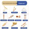 Orff Percussion Set: Claves, Castanets, Sand Shakers, Egg Shakers, Wrist Bells, Tambourine, Triangle, and Wood Block.