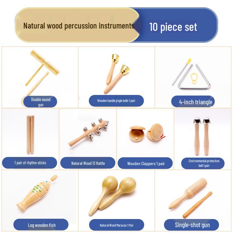 Orff Percussion Set: Claves, Castanets, Sand Shakers, Egg Shakers, Wrist Bells, Tambourine, Triangle, and Wood Block.
