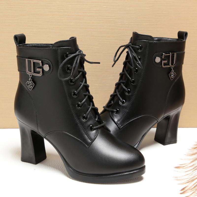 Martin Boots Women's Winter Velvet High Heels, Winter New Short Boots    Women's Soft Leather Boots Versatile Women's Shoes