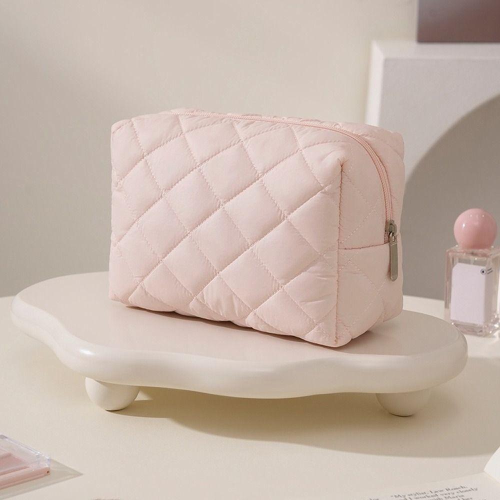 Fashion Quilted Makeup Bag Flower Printed Lightweight Cosmetic Pouch Large Capacity Travel Toiletry Handbag for Women
