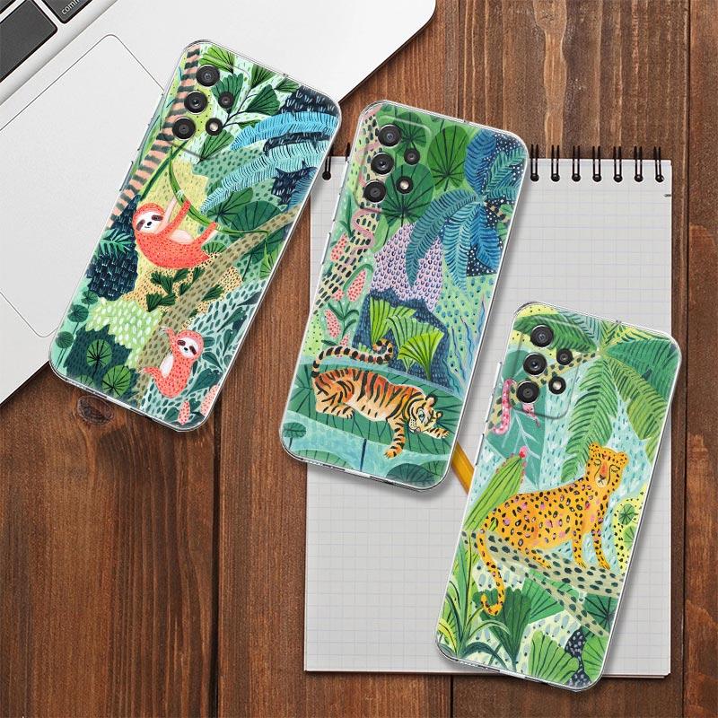 Original Jungle Animal Print Clear Case For Samsung Galaxy A54 A55 A53 5G Cases A52 A23 A13 A32 A33 A73 Soft Cover Sloth Leopard