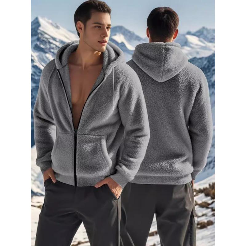 Men's American Style Double Sided Fleece Hooded Jacket, Thick Warm Full Zip Cardigan, Loose Fit Casual Coat for Spring Autumn