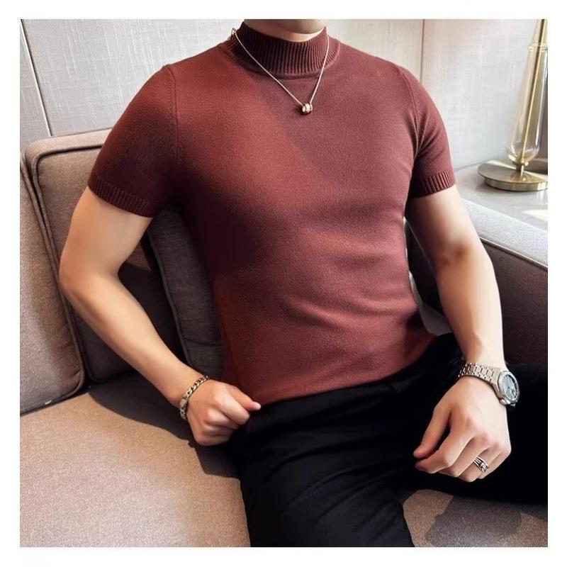 Men Half Turtleneck Short Sleeve Knit Shirt Slim Fit Solid Color Casual Pullover