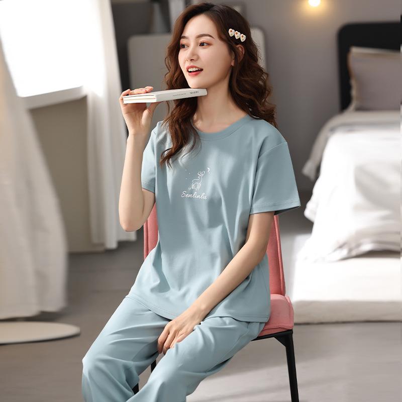 Pajamas Women's Spring and Summer Short Sleeves Long Pants Modal Thin Spring and Autumn Casual Wear Out Suit