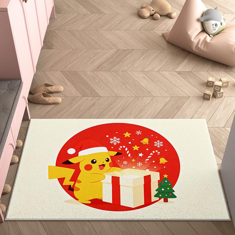 Cute Pikachu Christmas Sleigh 3D Print Imitation Cashmere Rug, Soft Water Absorbent Carpet For Bedroom Home Decor