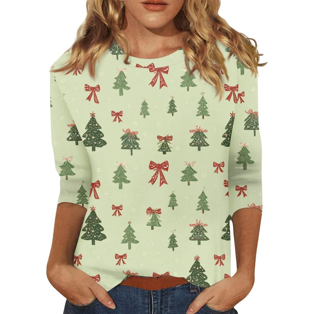 Women's O-Neck 3/4 Sleeve Christmas Print Top