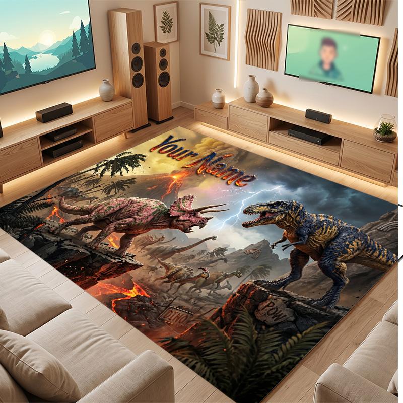 Dinosaur Theme Soft Crystal Velvet Rug Custom Name & Text Print Non Slip Floor Rug for Bedroom Living Room