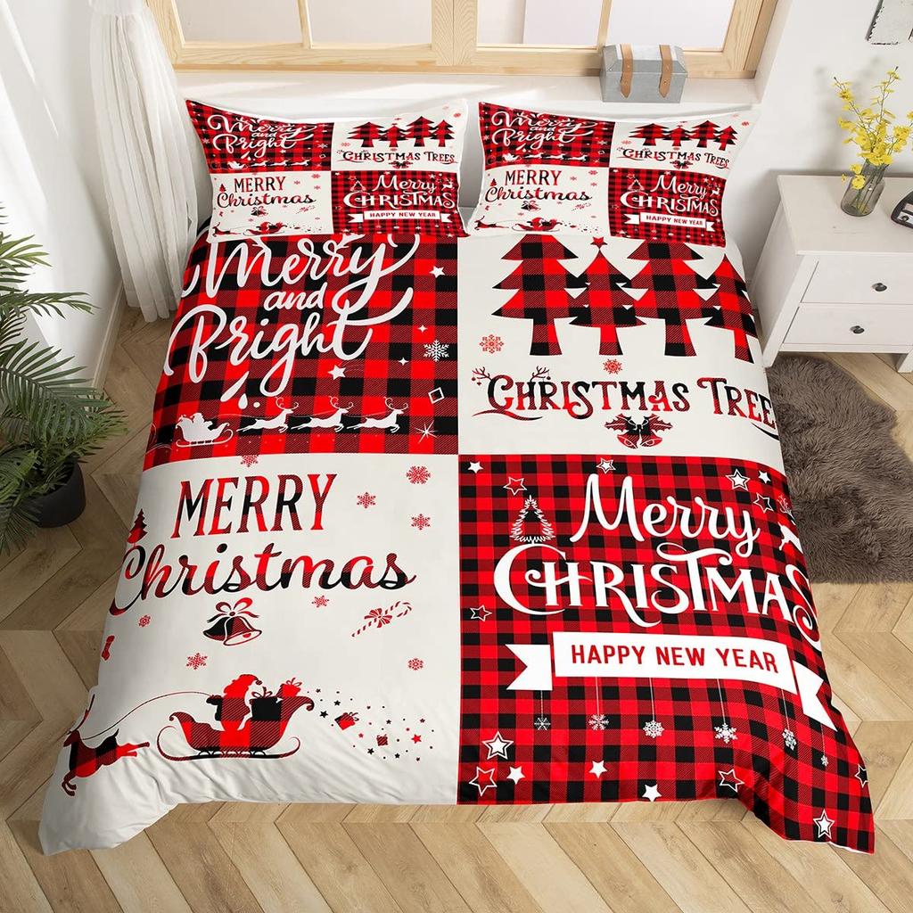 Merry Christmas Duvet Cover Set,Red Buffalo Checked Rustic Truck Comforter Cover,Plaid Xmas Tree Elk Deer Snowflake Bedding Sets