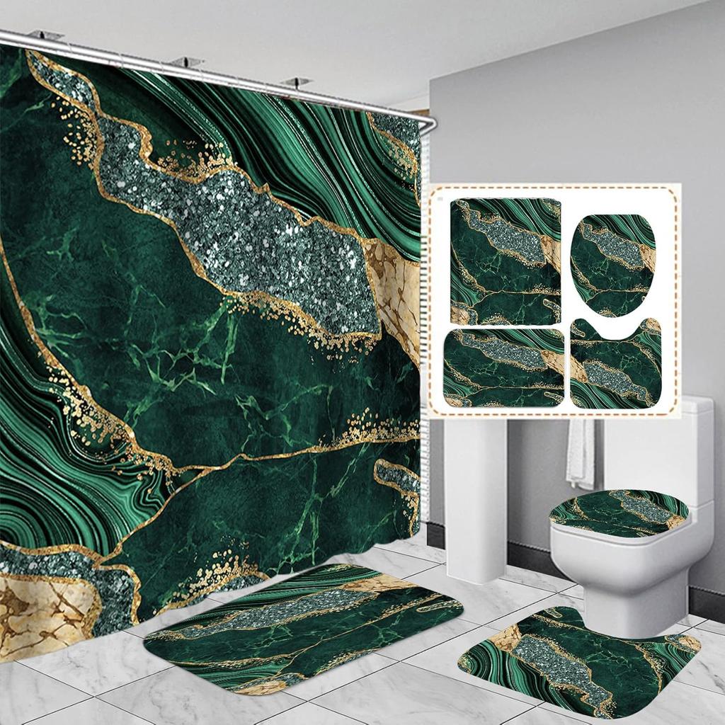 4-teiliges braunes Marmor-Duschvorhang-Set, Modernes Badezimmer-Dekor mit Toilettendeckelbezug, Kontur-Teppich, Badematte 12 Haken, 72x72 Zoll